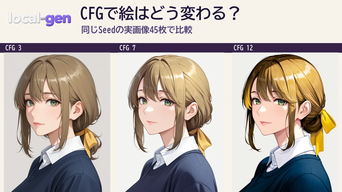 CFGで絵はどう変わる？ 同じSeedの実画像45枚で比較