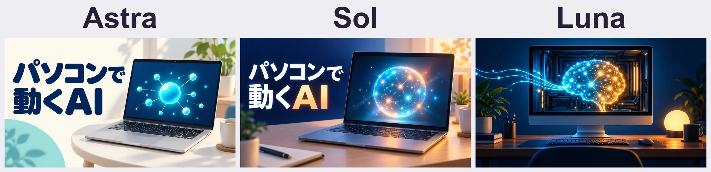 左からAstra、Sol、Lunaのサムネイル。AstraとSolは日本語の見出し入り、Lunaは文字なし