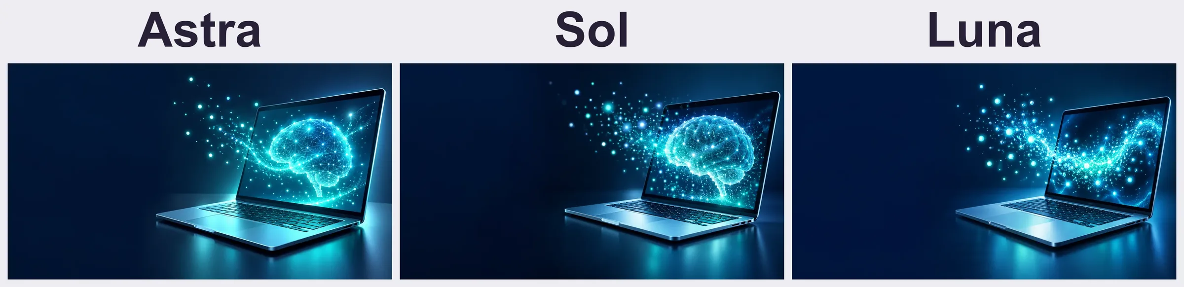 同じ完成プロンプトからの出力。左からAstra、Sol、Lunaで、右側にPC、左側に余白を配置