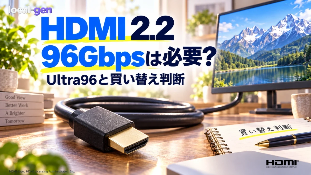 HDMI 2.2の96Gbpsが必要かを問う見出しと、日差しのあるデスク上のHDMIケーブル・画面を描いた編集イラスト。HDMI公式ロゴを使用。