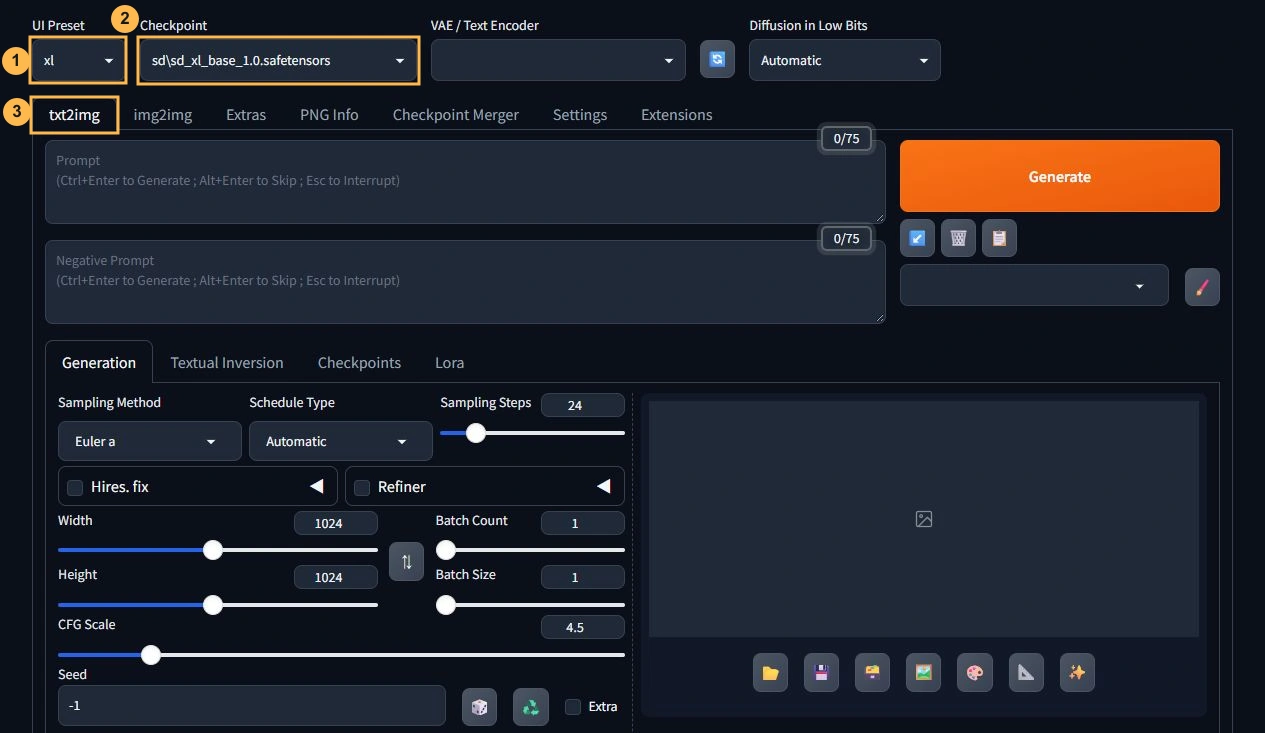 Forge Neoの生成画面、UI PresetとCheckpointの位置