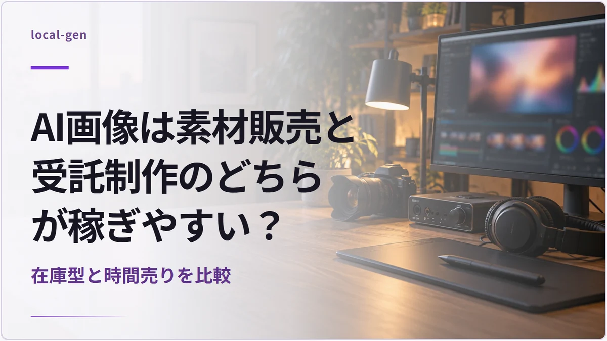 AI画像は素材販売と受託制作のどちらが稼ぎやすい？ — 在庫型と時間売りを比較