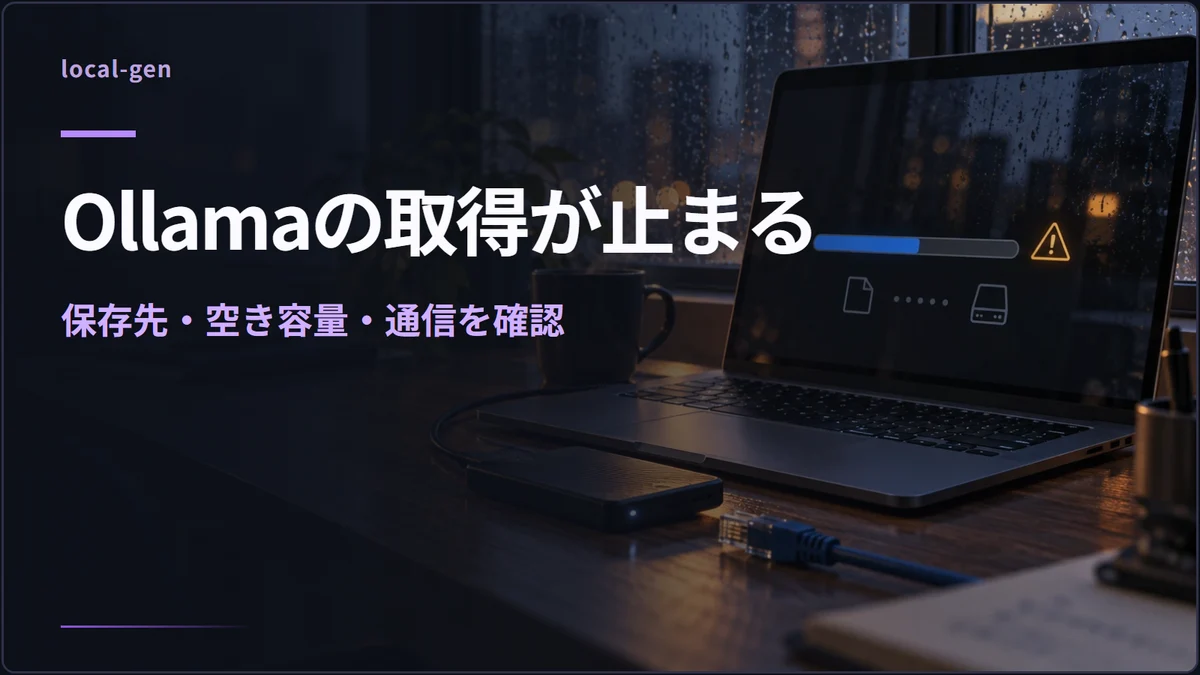 Ollamaの取得が止まる — 保存先・空き容量・通信を確認