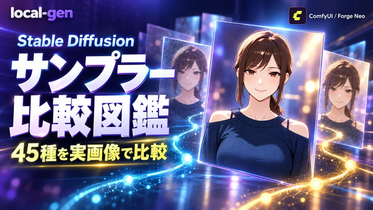 Stable Diffusion サンプラー比較図鑑。45種を実画像で比較。ポニーテールの女性の画像とサンプリング経路を描いたイメージ